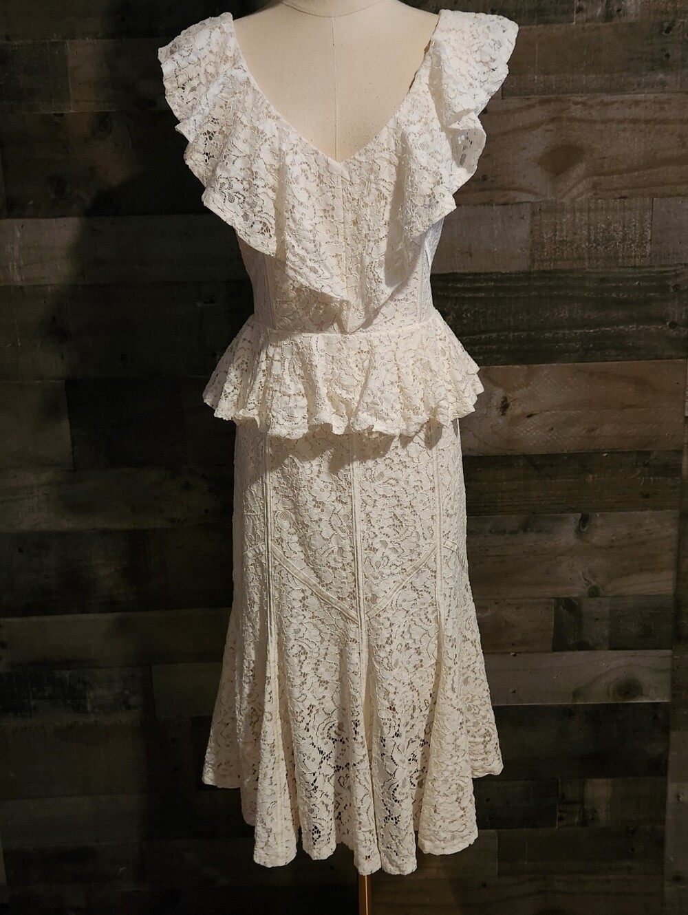Cream Lace Dress by bebe - Lace Dress with Peplum - Label Size 10